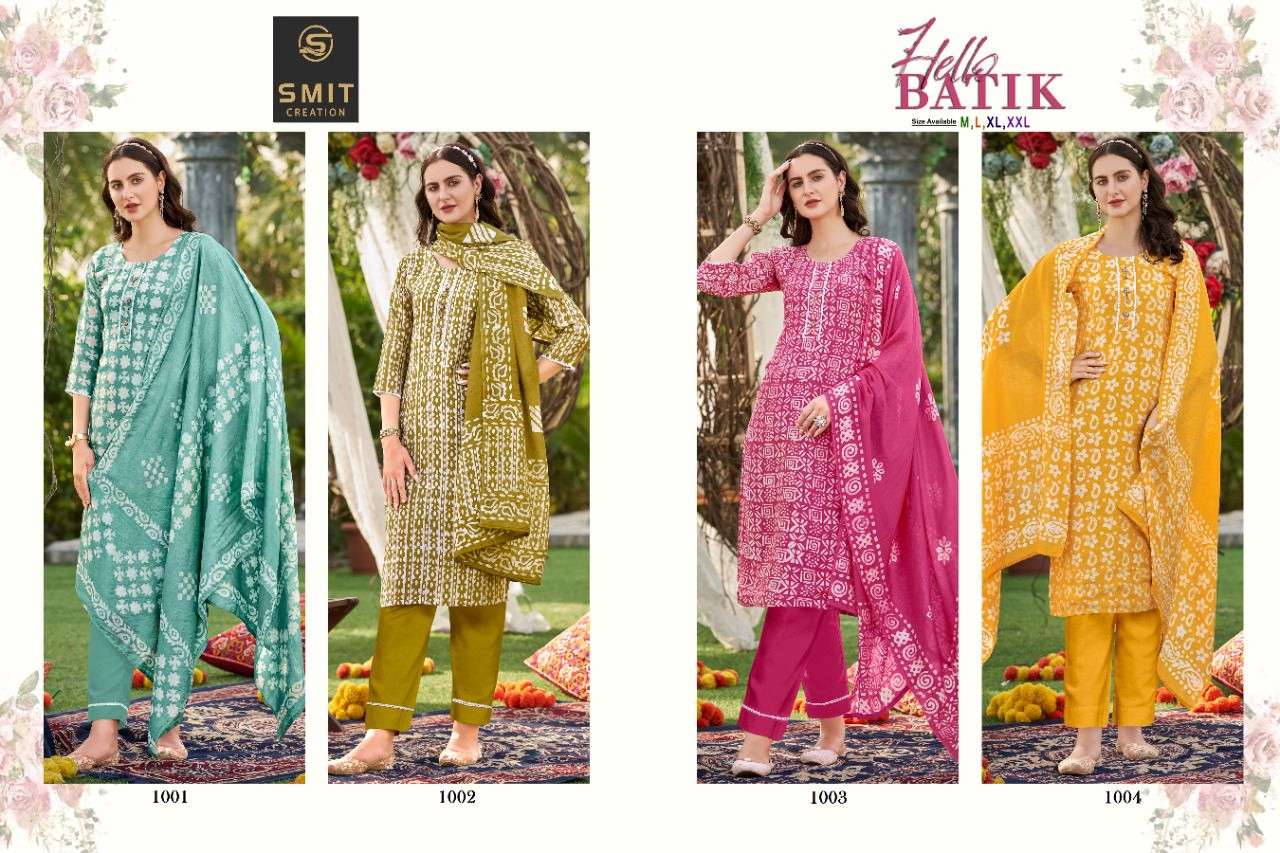 HELLO BATIK BY SMIT CREATION 1001 TO 1004 SERIES BEAUTIFUL SUITS COLORFUL STYLISH FANCY CASUAL WEAR & ETHNIC WEAR CHANDERI DRESSES AT WHOLESALE PRICE